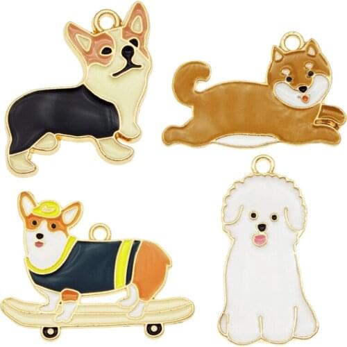 Julie Wang 4PCS Enamel Dog Charms Corgi Shiba Teddy Alloy Animal Pendants Necklace Bracelet Jewelry Making Accessory