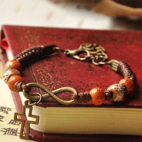 Ceramic Beads Bracelets Cross Charm Infinity Pendant Weave Rope Chain Cuff Bangle Adjustable Wristbands Women Men Jewelry