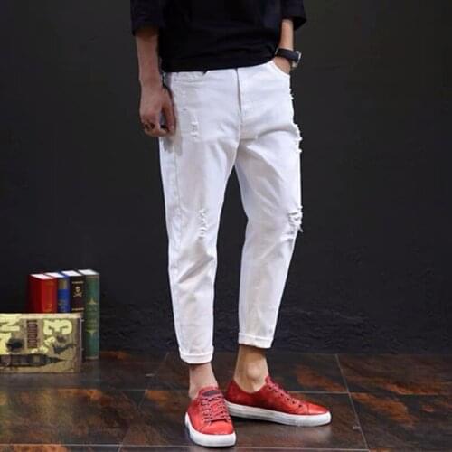Ankle Length Men Trousers White Hole Summer Autumn Denim Jeans Harem Pants Men Korea Style Straight Loose Clothing
