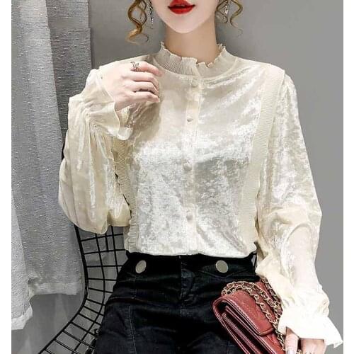 New Pleated Lace Stand Collar French Vintage Autumn Blouse Women Cardigan Clothing Women Velvet Lantern Sleeve Shirt Tops 12058