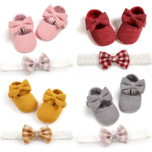 2021 Spring Newborn Baby Girls Boys Crib Shoes Cotton Bowknot Hook Soft Cork Baby Shoes 6 Colors+Headband