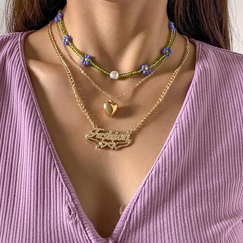 Origin Summer Exaggerated Multi-layer Flower Beaded Chokers Necklace for Women Love Heart Gold Letter Metallic Necklace Jewelry