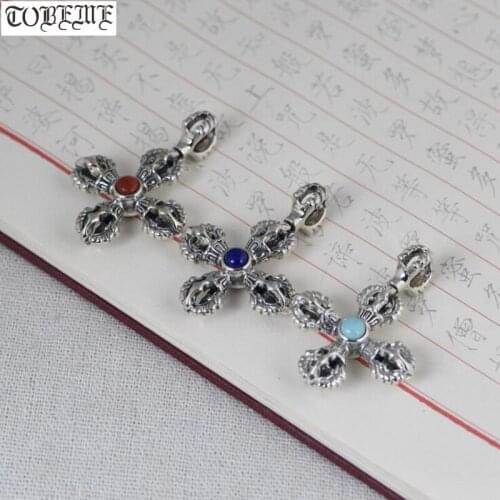 100% 925 Sterling Silver Agate Turquoise Tibetan Dorje Pendant Buddhist Vajra Necklace Solid Silver Tibetan Good Luck Amulet