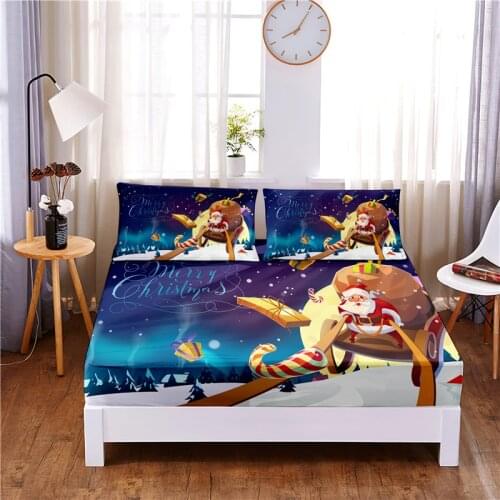 Santa Presents Digital Printed 3pc Polyester Fitted Sheet Mattress Cover Four Corners with Elastic Band Bed Sheet Pillowcase