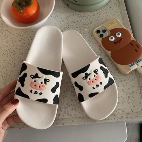 Women Cartoon Slippers Cute Cow Summer Shoes Ladies Bathroom Shower Slipper Soft PVC White Black Color Female Home Floor Slides