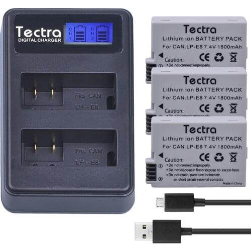 Tectra 3PCS LP-E8 LPE8 LP E8 7.4V/1800mAh Li-ion Battery + LCD USB Dual Charger For Canon EOS 550D 600D 650D 700D