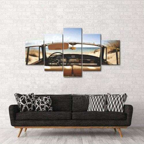 No Framed Vintage Car Retro Convertible on Beac 5 Panel Canvas Picture Print Wall Art Canvas Painting Wall Decor for Living Room