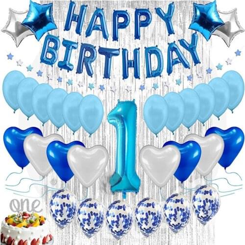 Childrens Birthday Balloon Decorations Baby One Year Old Birthday Party Layout Blue Style Letter Package Background Wall Set