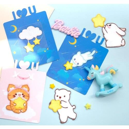 AHYONNIEX Picking Stars Cute cats Rabbit Bears Patches for Bag Jeans Angel Iron On Patches for Clothes Small DIY Letter Patch