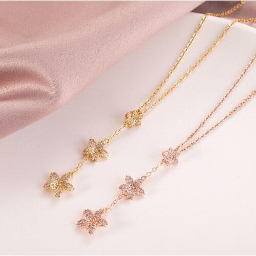 New 3 sakura Crystal Pendant Necklace Stainless steel Chain For Women Girls Fashion Flower Charms Choker Jewelry Party Gifts