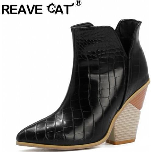 REAVE CAT 2021 Lady Novelty Boots Alligator Texture Pointed Toe Slip On 10CM Strange Block Heel US16 17 Black Yellow Blue A4429