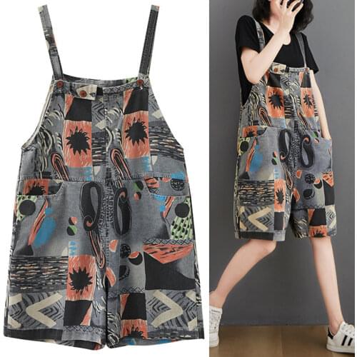 Summer Sexy Vintage Printed Denim Overalls For Women Loose Wide Leg Short Jumpsuits Pockets Retro Playsuit Ladies