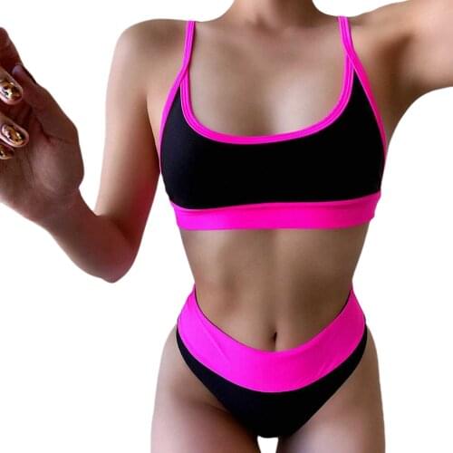 Meihuida Womens Color Blocking 2pcs Bikini Suit, Crop Tank Tops with High Waisted Triangle Bottom, Fashionable 2Pcs Swimsuit