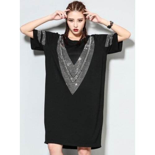 QING MO Black Women V Letter Dress 2021 Summer Women Rhinestone Dress Female Plus Size Loose Dress ZQY2937