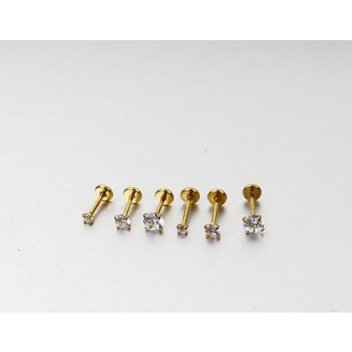 2 Piece 20G Stainless Steel Threadless Labret Lip Rings Zircon Tragus Cartilage Helix Earrings Gold