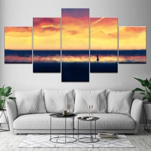 5 panel Modular large poster Hd printed oil painting girl sunset canvas print living room home decorative wall art picture