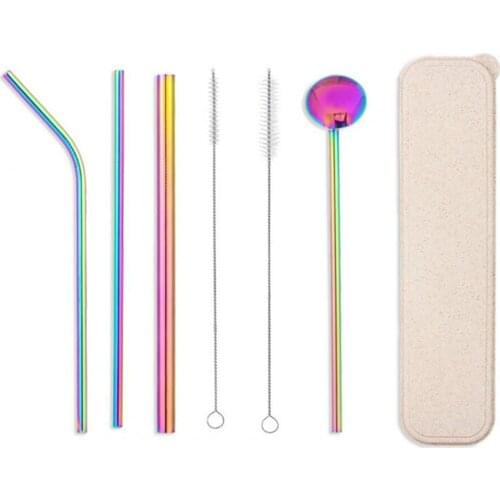 7Pcs Reusable Stainless Steel Straws Spoon Drinking Flatware with Cleaning Brush
