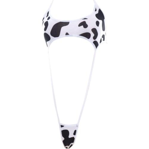 A5KC Anime Cute Cow Print Bikini Bodysuit Sexy Halter Backless Sexy Micro Lingerie