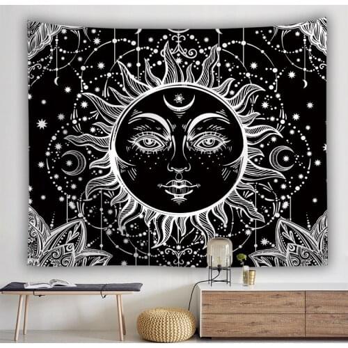 White Black Sun Moon Phase Eyes Galaxy Galaxia Astrology Tapestry Wall Hanging Boho-Chic Decor Aesthetic Psychedelic Mandala Art