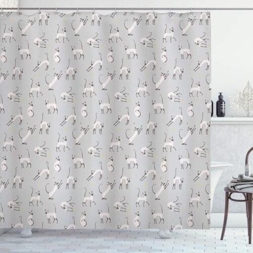 Pale Grey Grey Shower Curtain Siamese Cat on Wall Design Playing and Posing Feline Kitty Design Bathroom Curtain