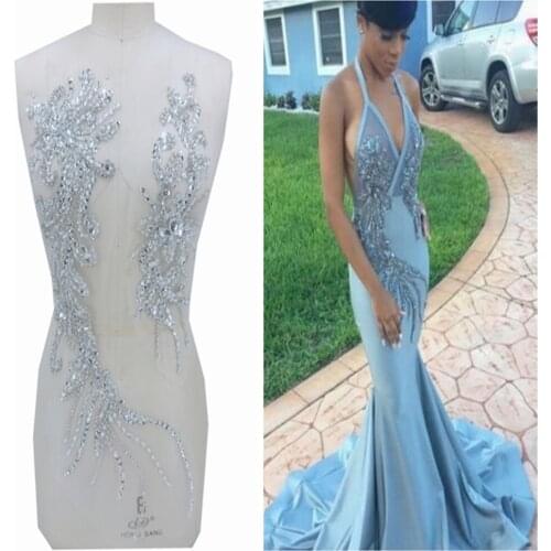 Pure hand made Shiny silver patches trim sew on Rhinestones applique on mesh for wedding dress accessory