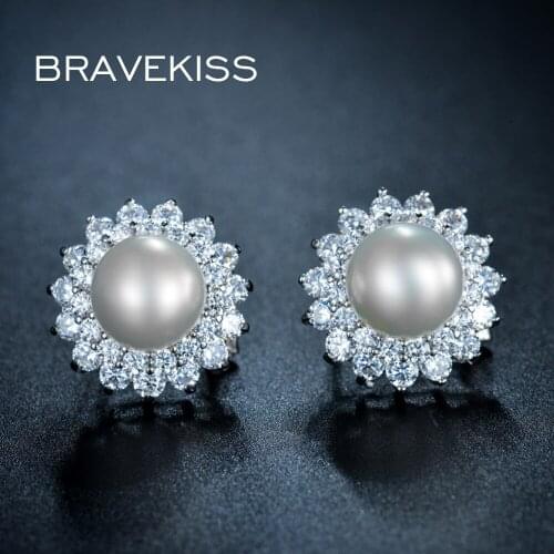 BRAVEKISS Wedding Earring Jewelry Simulated Pearl Crown Ear Piercing Stud Earrings for Women Crystal Snow Flower Studs BUE0161