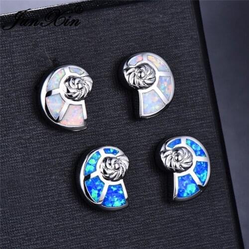 JUNXIN Cute Ocean Conch Stud Earrings For Women Silver Color Wave White Blue Fire Opal Earrings Female Wedding