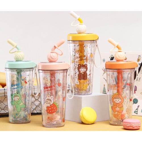 Creative Double-layer Cartoon Straw Cup Student Portable Plastic Mixing Cup Cute Cold Drinking Cup Men and Women Casual Cup