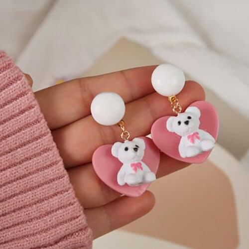 Harajuku Resin Cute Bear Drop Earrings for Girls Women Trendy Ear Ring Jewelry Lovely Heart Shape Earring Gift Party New Design
