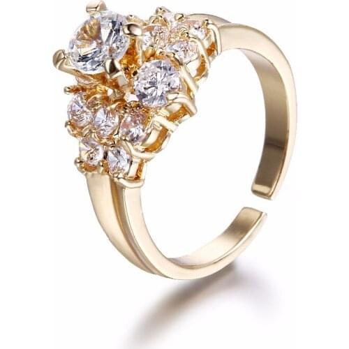 FYM Fashion High Quality Gold Color Flower Shape Opening Ring Wedding Ring Round Cubic Zirconia Crystal Women Rings for Party