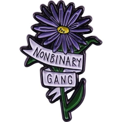 Nonbinary Gang genderqueer flower enamel pin not all gangs are girl gangs illustration gift