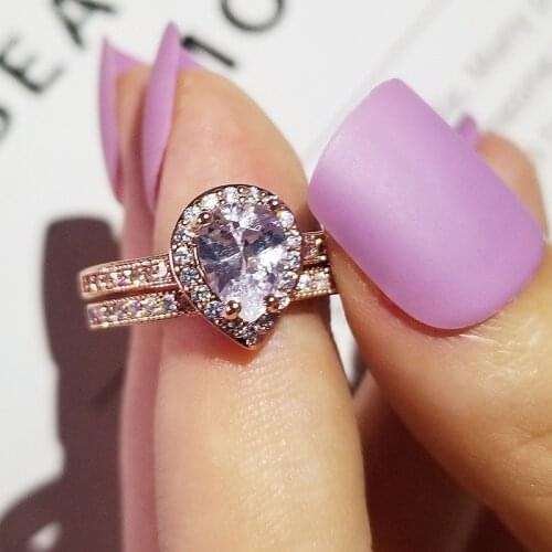 New arrival luxury rose gold color pear wedding ring set for women lady anniversary gift jewelry wholesale Black Friday R5870