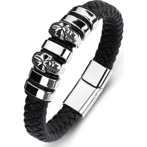 Multicolor Braided Leather Charm Bracelet Men Rock Hiphop Jewelry Stainless Steel Double Skull Weave Bangles Male Wristband P101