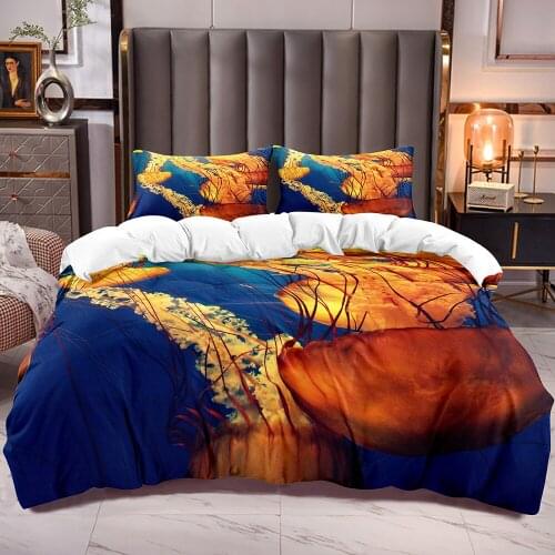 Bedding Duvet Cover with Yellow Jellyfish Print Blue Ocean Animal Jelly Fish Pattern Comforter Cover Sets Zipper Closure