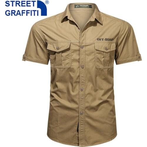2021 Men Summer 100% Cotton Military Plaid Shirt Short Sleeve Cargo Shirts Men Spring Casual Single Breasted Business Shirt Men