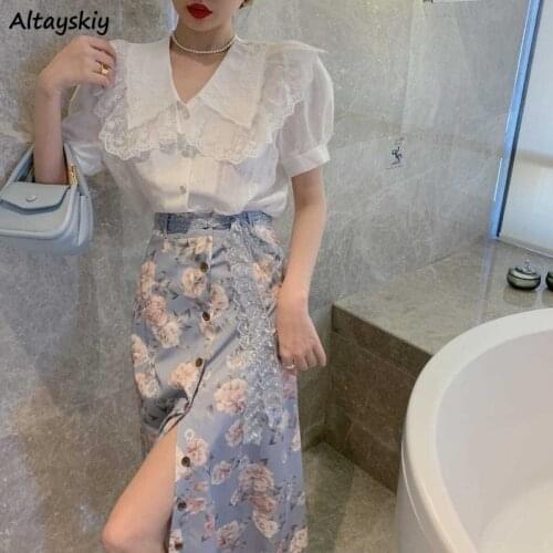 Women Sets Sweet Elegant Retro Lace Peter Pan Collar Button Shirts Sexy High-waist French Style Skirts Streetwear Trendy Female