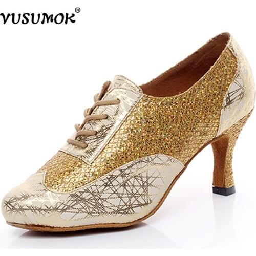 VUSUMOK Women Latin Dance Shoes PU Leather Modern Girls Tango Shoes Lace Up Dancewear Square Heels Plugs size 33-43
