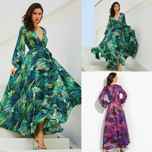2019 Newest Hot Women Spring Summer Long Sleeve V Neck Floral Boho Vintage Maxi Dress Holiday Beach Sundress Dress