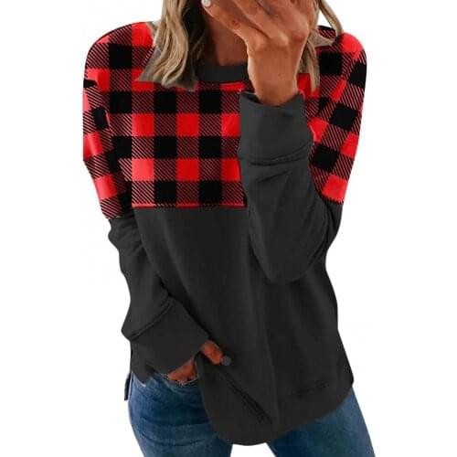 Autumn Women Long Sleeve O Neck Plaid Patchwork Loose Sweatshirt Blouse Top Spring Casual Loose Women Sweatshirts Tops 2021 New