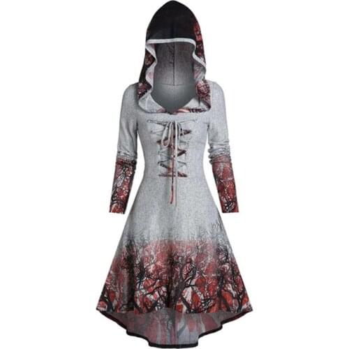 Womens Large Tree Print Lace Up Long Sleeve Irregular Dress Vintage Middle Ages Dress