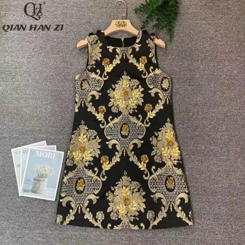 Qian Han Zi spring/autumn designer fashion jacquard Vest dress vintage High-quality beaded applique dress Women new