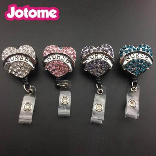 10pcs/lot Heart shape Crystal Rhinestone Nurse ID Badge Holder Woman Badge Retractable Badge Reels clip