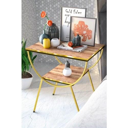Side Coffee Table Bedside Cabinet Metal Foot Double Gold Walnut