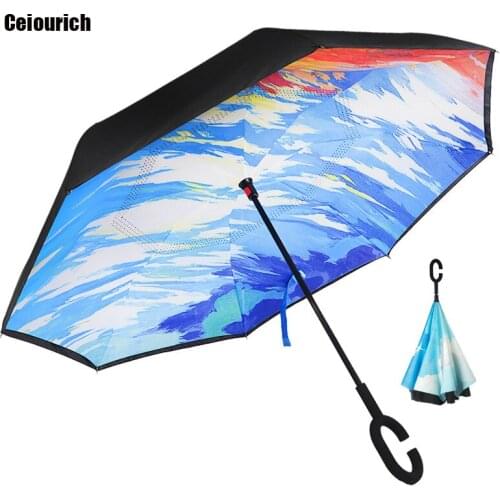 Ceiourich Double Layer Reverse Umbrella Rain Women Push Button Uv Protection Windproof Sunny And Rain Customizable Umbrella