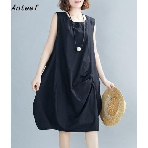 Sleeveless plus size black cotton linen vintage dresses for women casual loose midi summer dress elegant clothes 2021 sundress