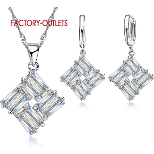 Geometry Rhombus Design Simple Crystal Jewelry Set For Women 925 ColorPendant Necklace Earrings Sets Bijoux