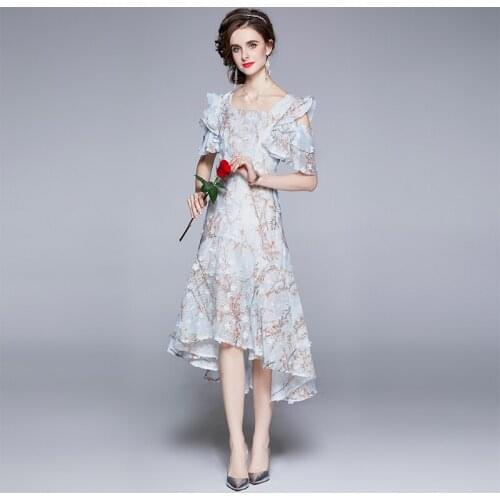 Flower Summer Dress Women Short Sleeve Europe Vintage Long Midi Dress Blue Cold Shoulder Party Dress Loose Striped k6732