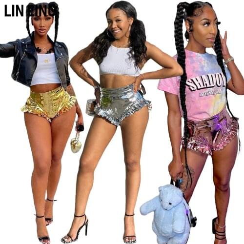 LINLING S-2XL Women Clothing Summer Sexy Hot Pants Pleated Ruffled Shiny Sexy Stretch Shorts Nightclub Clothes