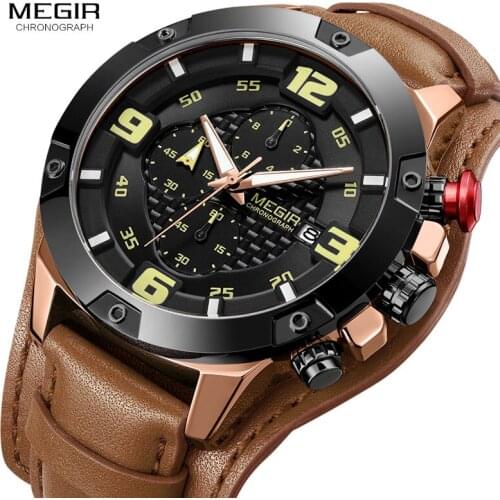MEGIR Mens Luminous Quartz Watches 2019 New Relogios Masculino Leather Strap Sports Army Chronograph Wrist Watch Man 2099 Rose