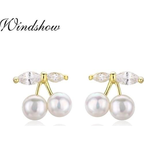 Cute 925 Sterling Silver Gold Color Cherries Freshwater Pearl Stud Earrings For Women Girls Kids Jewelry Aros Aretes Orecchini